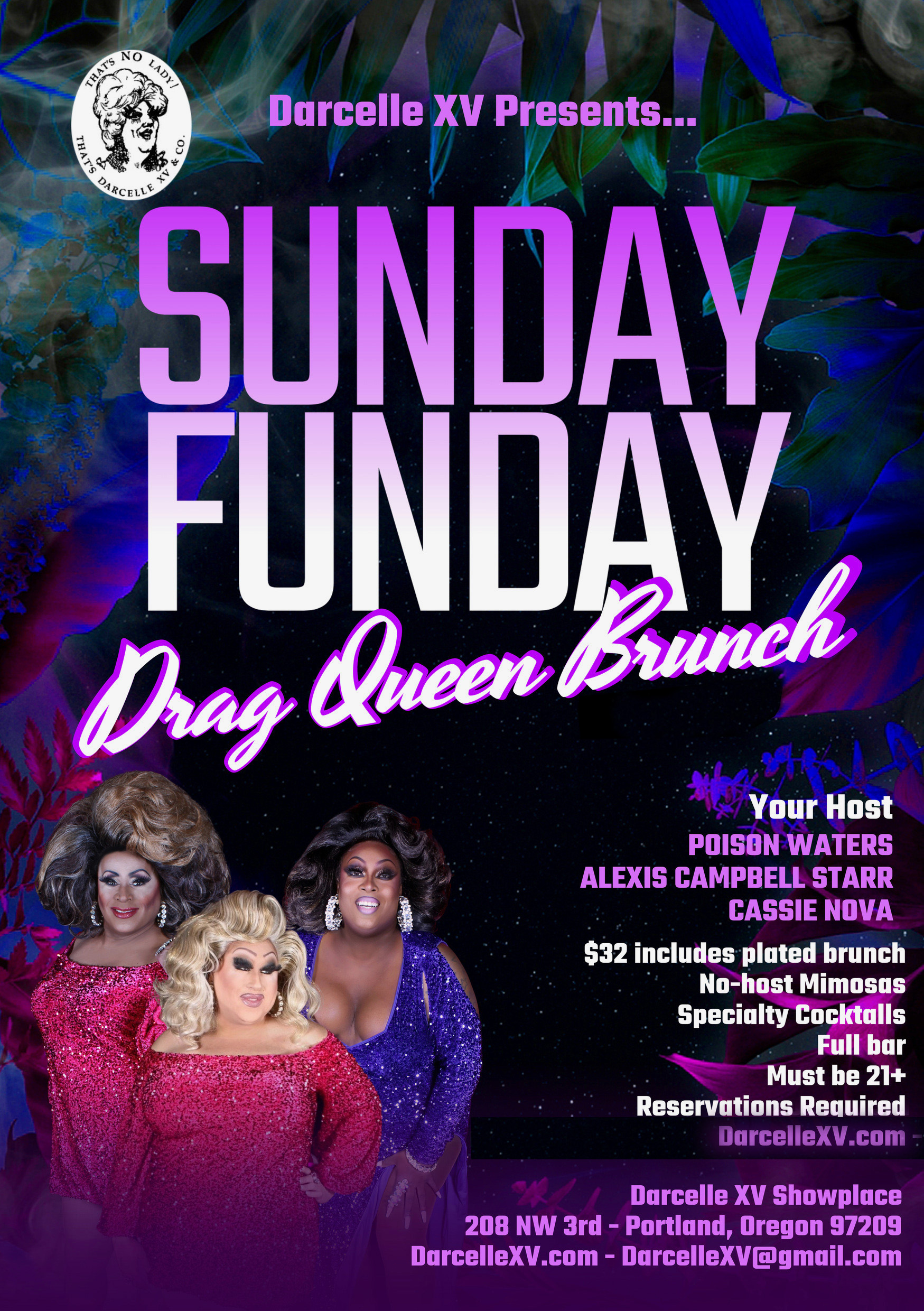 SundayFundayBrunch Sunday Funday Drag Brunch Poster featuring co-hosteses Poison Waters, Cassie Nova and Alexis Campbellstarr